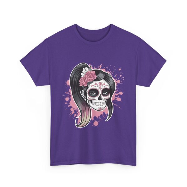 Pink and White Sugar Skull Female Dia de los Muertos Inspired Floral Design Unisex Heavy Cotton Tee - Image 3
