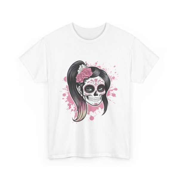 Pink and White Sugar Skull Female Dia de los Muertos Inspired Floral Design Unisex Heavy Cotton Tee - Image 4