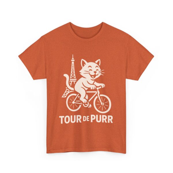 funny cat meme tour de purr vintage cartoon stencil biking humor paris eiffel tower Unisex Heavy Cotton Tee - Image 2