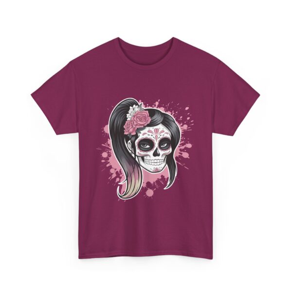 Pink and White Sugar Skull Female Dia de los Muertos Inspired Floral Design Unisex Heavy Cotton Tee - Image 7