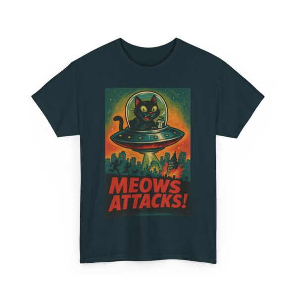 Meows Attacks Funny Cat Alien UFO Parody Retro Sci-Fi Design Unisex Heavy Cotton Tee - Image 5