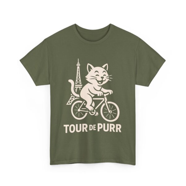 funny cat meme tour de purr vintage cartoon stencil biking humor paris eiffel tower Unisex Heavy Cotton Tee - Image 3
