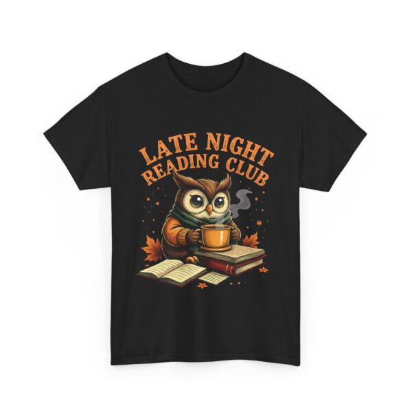 Late Night Reading Club Owl Book Lover Funny Tea Reader Art Unisex Heavy Cotton Tee - Image 2
