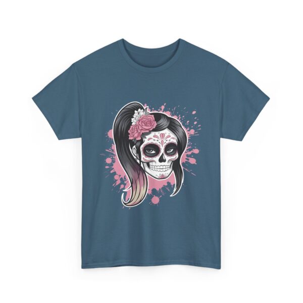 Pink and White Sugar Skull Female Dia de los Muertos Inspired Floral Design Unisex Heavy Cotton Tee - Image 5