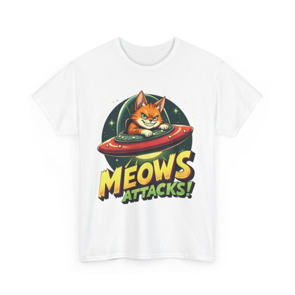 Meows Attacks Funny Cat Alien UFO B-Movie Parody Retro Sci-Fi Design Unisex Heavy Cotton Tee - Image 2