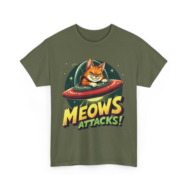 Meows Attacks Funny Cat Alien UFO B-Movie Parody Retro Sci-Fi Design Unisex Heavy Cotton Tee - Image 5