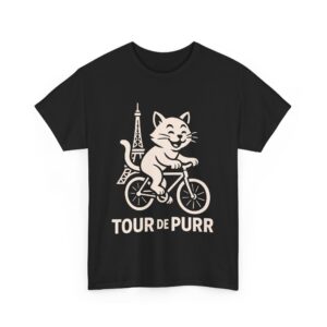 funny cat meme tour de purr vintage cartoon stencil biking humor paris eiffel tower Unisex Heavy Cotton Tee