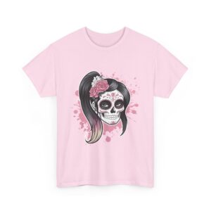 Pink and White Sugar Skull Female Dia de los Muertos Inspired Floral Design Unisex Heavy Cotton Tee