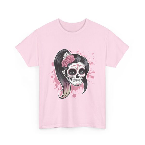 Pink and White Sugar Skull Female Dia de los Muertos Inspired Floral Design Unisex Heavy Cotton Tee - Image 6