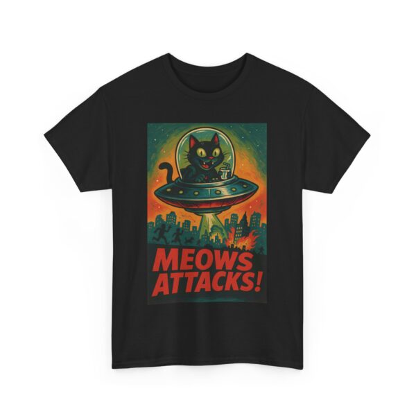 Meows Attacks Funny Cat Alien UFO Parody Retro Sci-Fi Design Unisex Heavy Cotton Tee