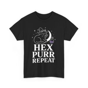 Hex Purr Repeat Funny Witch Cat Humor Sarcastic Vibes Design Unisex Heavy Cotton Tee