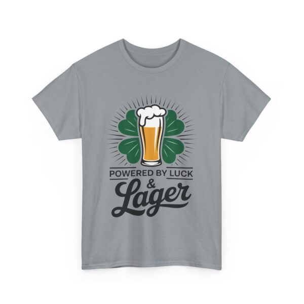 Powered by Luck & Lager Funny St Patrick’s Day Drinking Humor Unisex Heavy Cotton Tee - Image 3