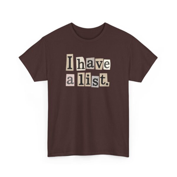 Mysterious List – Quirky Funny Typography Humor Unisex Heavy Cotton Tee - Image 2