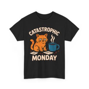 Funny Catastrophic Monday Coffee Cat Burnout Work Chaos Unisex Heavy Cotton Tee