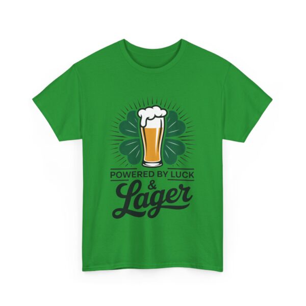 Powered by Luck & Lager Funny St Patrick’s Day Drinking Humor Unisex Heavy Cotton Tee - Image 2