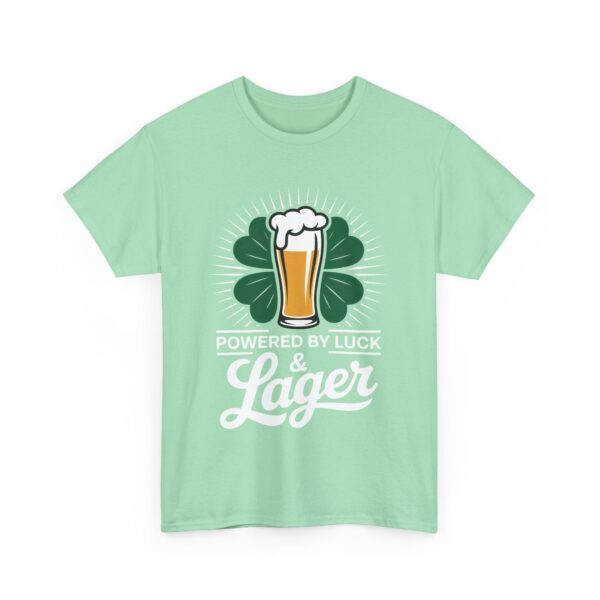 Powered by Luck & Lager Funny St Patrick’s Day Drinking Humor Unisex Heavy Cotton Tee - Image 2