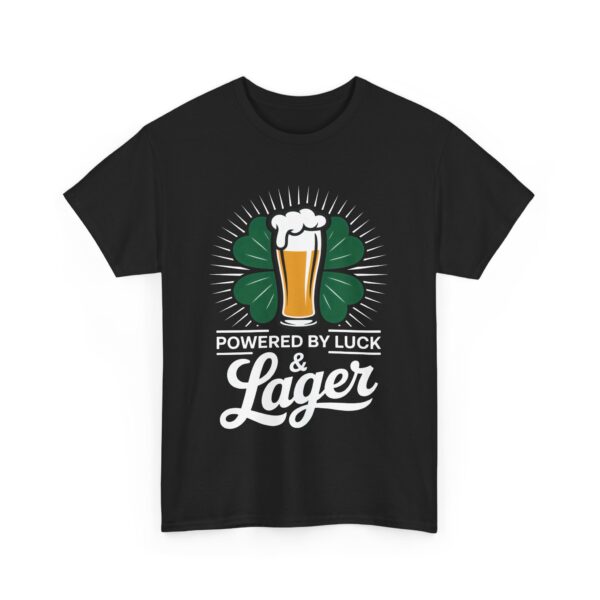 Powered by Luck & Lager Funny St Patrick’s Day Drinking Humor Unisex Heavy Cotton Tee - Image 6