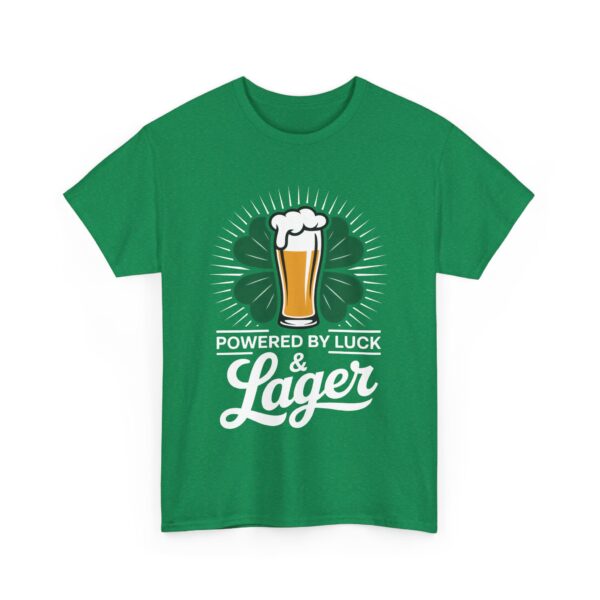 Powered by Luck & Lager Funny St Patrick’s Day Drinking Humor Unisex Heavy Cotton Tee - Image 4