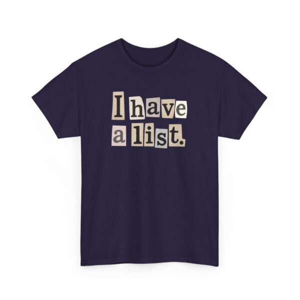 Mysterious List – Quirky Funny Typography Humor Unisex Heavy Cotton Tee - Image 4