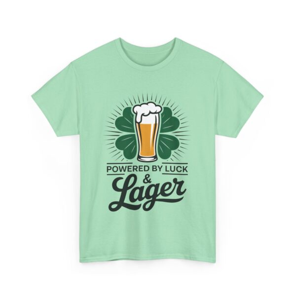 Powered by Luck & Lager Funny St Patrick’s Day Drinking Humor Unisex Heavy Cotton Tee