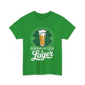 Powered by Luck & Lager Funny St Patrick’s Day Drinking Humor Unisex Heavy Cotton Tee