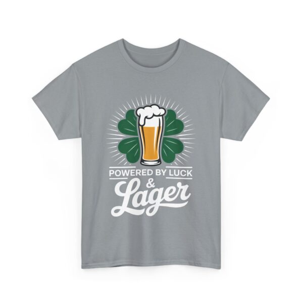 Powered by Luck & Lager Funny St Patrick’s Day Drinking Humor Unisex Heavy Cotton Tee - Image 7