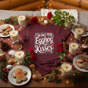 I'm only here for eggnog and kisses Christmas Winter Mistletoe Funny Party Quote Letter Art Holiday Design Unisex Heavy Cotton Tee