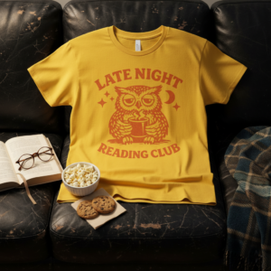 Late Night Reading Club Tee — Owl With Coffee Graphic